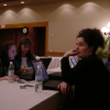 Susan, Caroline and Amy at a desk in the rehearsal room