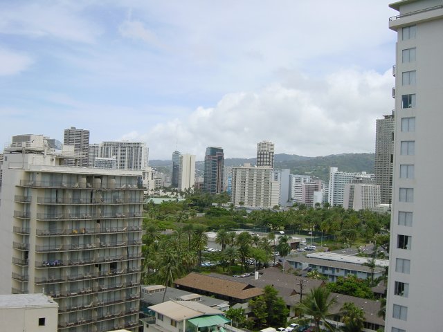 View on buildings and trees from the balcony of our initial hotel room