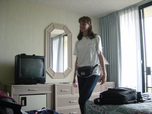 Caroline in the room of the Ohana Waikiki Tower hotel