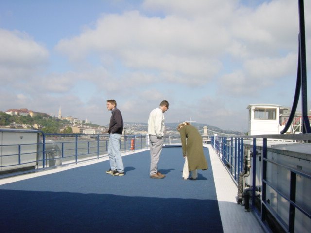 The upper deck on the Zsofia: Max, Daniel and Katalin