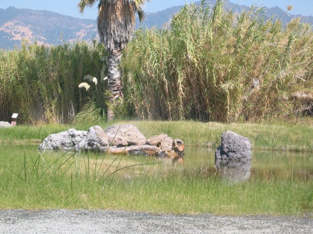 Smoke above the rocks in the pond