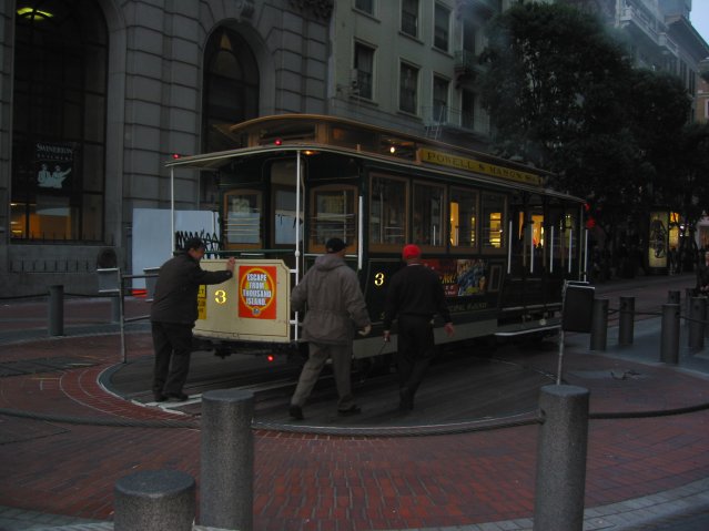 Cable car being maneuvered on the rotating platform