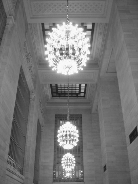 Chandeliers and ceiling windows in Grand Central Terminal