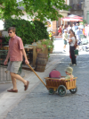 Un papa trainant une cariole contenant son fils