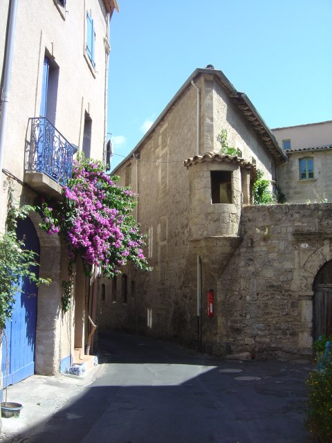 Maison blanche a volets bleus, bougainvillee mauve et vieille batisse