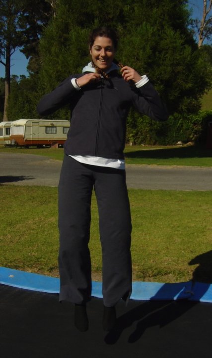 Coralie on the trampoline at the camp site near Matamata