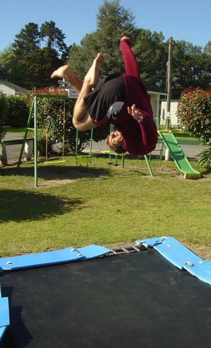 Fabrice on the trampoline at the camp site near Matamata