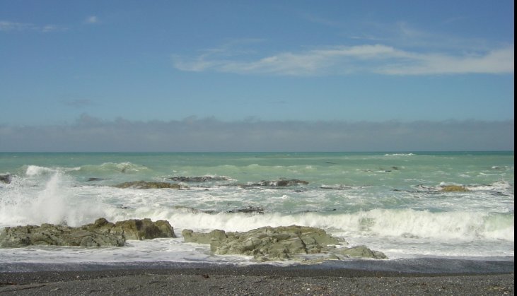 Pacific ocean, waves, rocks, green water, blue sky