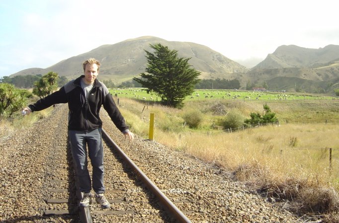 Nico walking on a train track