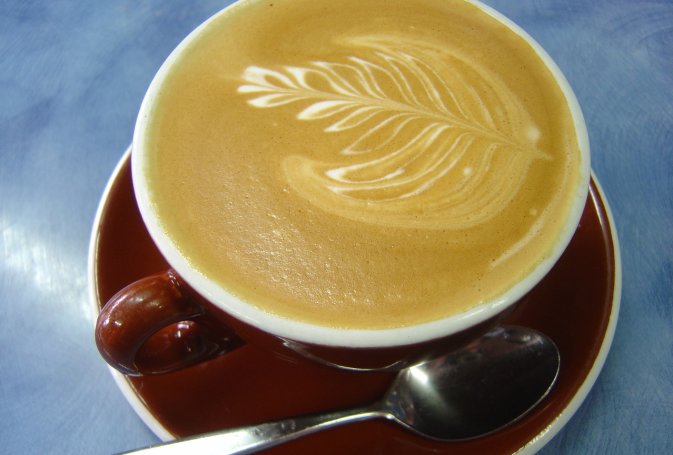 Cup of coffee w/ a fern leaf made w/ cream