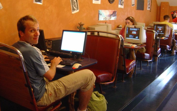 Nico at a cyber cafe in Wanaka
