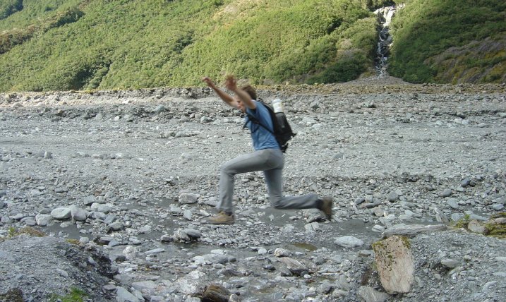 Nico leaping over a stream