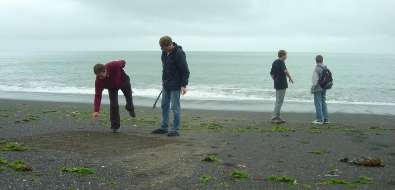 Fabrice and Joel playing a game in the sand, Nico and Nicolas chatting behind