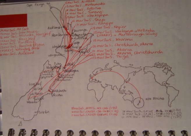I made a sketch of NZ islands and kept track of our itinerary