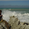 Joel photographying the sea lion, fur seals on the rocks behind, waves of the Pacific ocean