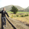 Nico walking on a train track