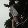 Coralie perched to pluck fruit from the tree
