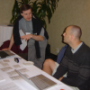 Yves Lafon and Dean Jackson pretending to have a serious conversation, Hyatt Harborside, Boston
