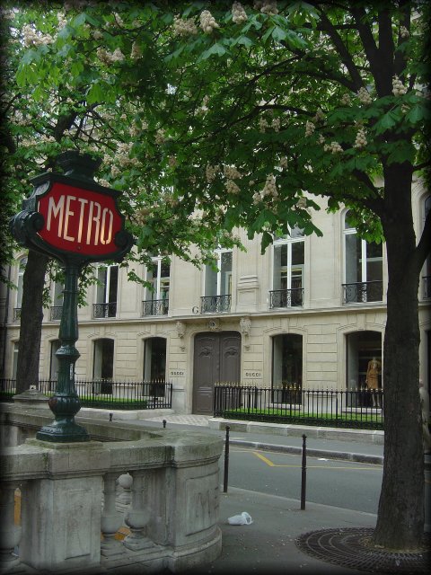 Metro sign, Gucci shop, trees in bloom