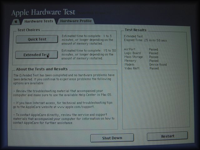 The Extended Test has been completed and still no hardware problems have been detected. I'll open a birthday present and then call AppleCare.