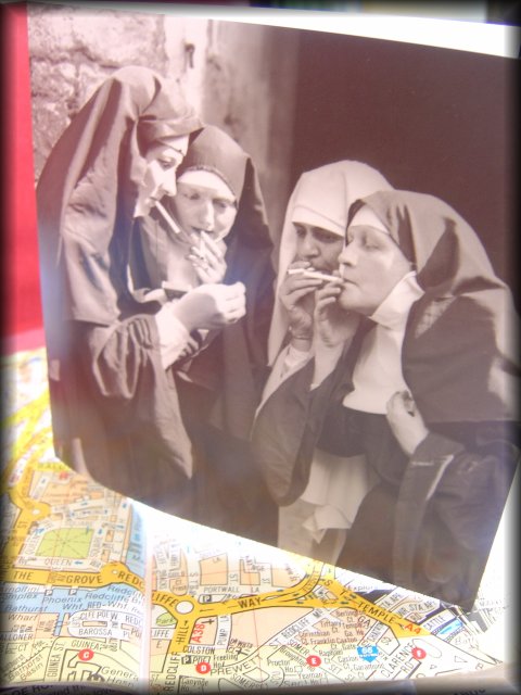 Hilarious "forgive me father" birthday card (four nuns lighting up)