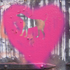 Graffiti on a door: white barcodes and stencil of a dog in a pink heart