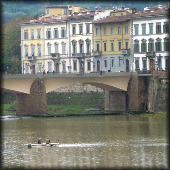 Boat on the Arno, bridge, buildings, Firenze