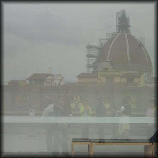 Reflections in a window at the terrace of Galeria degli Uffizi: me, people, il Duomo, Firenze