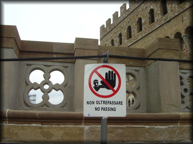 On the terrace of Galeria degli Uffizi, Firenze, it was forbidden to walk on the edge and have a look on Piazza della Signoria