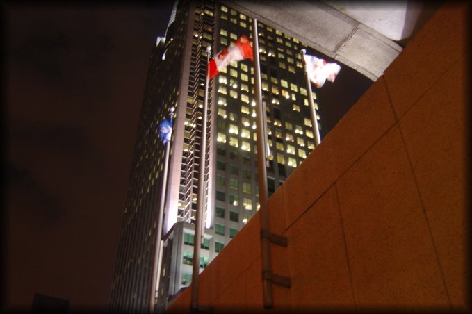 Just outside the Marriott and looking up at flags 