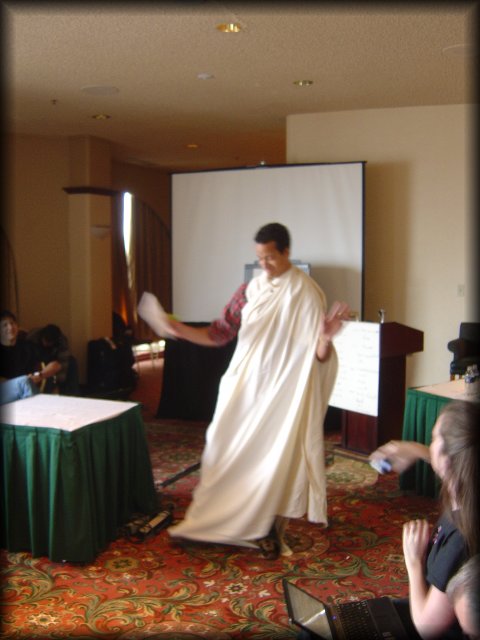 Dom performing his role of Indian woman at the Team day