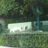 Reflection of the Promenade des Anglais, pedestrians and the sea in the glass fence above the edge of restaurant Chantecler