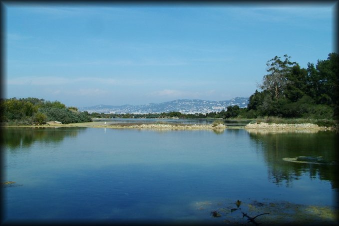 The Lac du Bateguier, very still water, and Cannes in the background