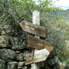 Wooden signs indicating the nearest villages reachable on foot