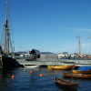 Sailing ship and rowboats in the Oslo Fjord, at Bygdoy.