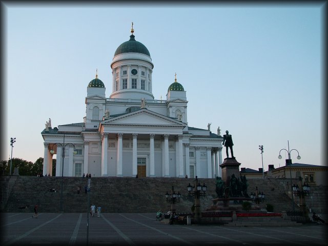 The Helsinki Cathedral (in Finnish Helsingin tuomiokirkko) is an Evangelical Lutheran cathedral and the seat of the Diocese of Helsinki, located in the centre of Helsinki, Finland. The church was built as a tribute to the Grand Duke, Nicholas I, the Tsar of Russia and until the independence of Finland in 1917, it was called St. Nicholas' church. (thank you wikipedia).
