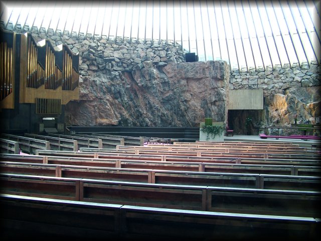 The altar of Temppeliaukio Church, which is built partly underground.