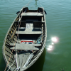 The sun reflected in the green water next to a rowing boat.