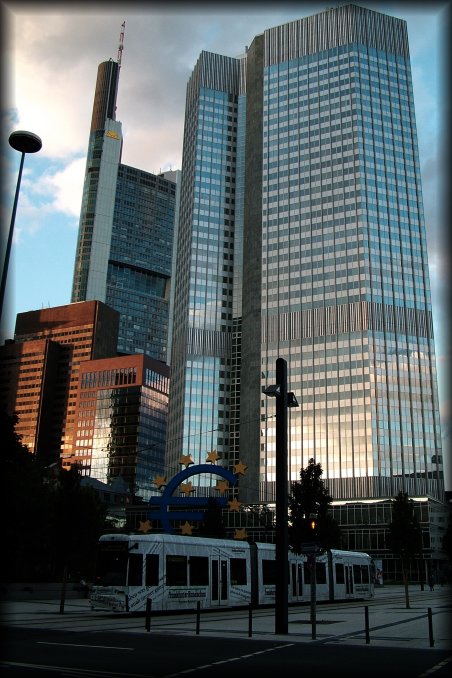 The European Central Bank in Frankfurt am Main, Germany, at sunset