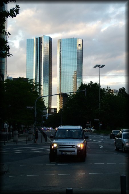 Towers next to the European Central Bank in Frankfurt am Main, Germany, looking like they're wrapped in kitchen foil.