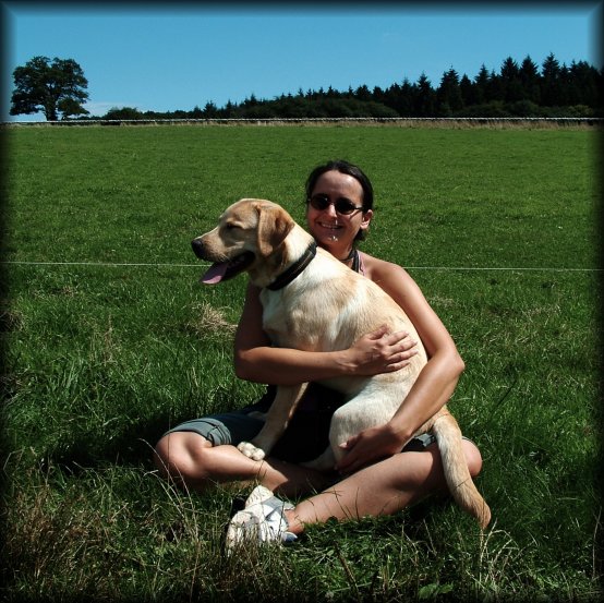 Benny, 35 pound puppy, on Bellie's lap, Schlossborn, Germany