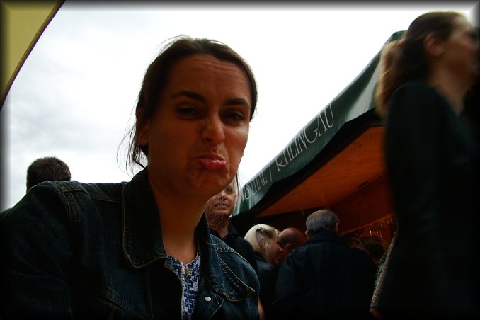 Bellie making a face. Her glass of Gewurtzstraminer was probably empty.