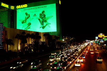 Cars flowing next to the MGM Grand