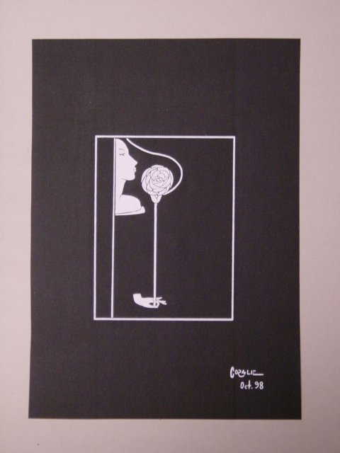 Woman holding a rose: white drawing on black paper