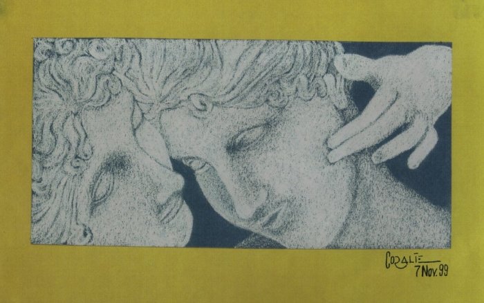 White pastel on dark blue paper